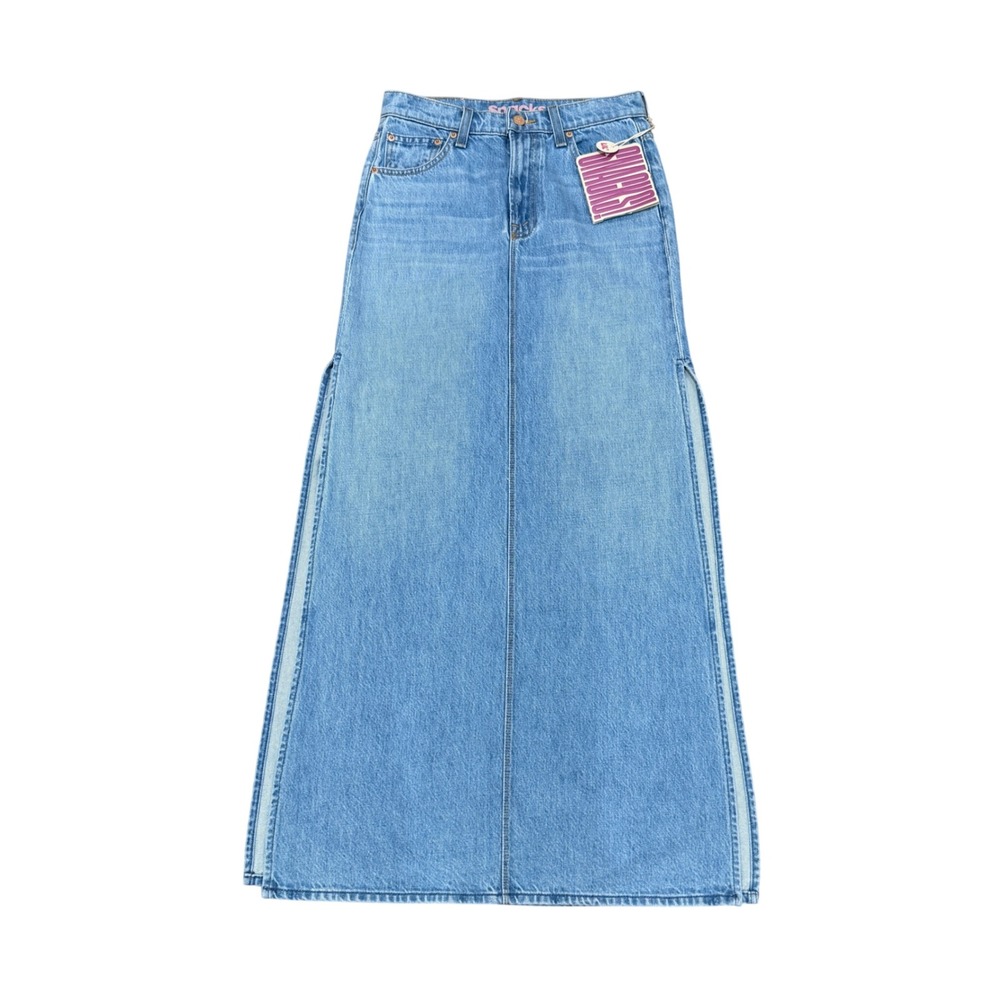 MOTHER Snacks Fun Dip Denim Maxi Skirt Light Wash‎ Blue Side Slits Sz 24 P NWT - Picture 2 of 13